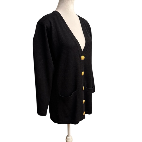 VTG Black Deep V Knit Slouchy Cardigan – Gold Embossed Buttons & Shoulder Pads - Picture 11 of 16
